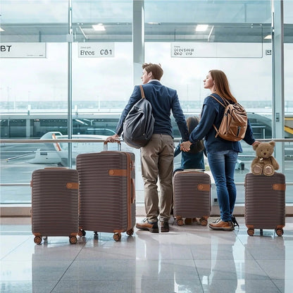 EBQOSK 4PCS Carry On Expandable Luggage Set with 4 Packing Cubes, 16/24/26/28 Inch Three-layer ABS Composite Suitcases with TSA Lock & 360° Spinner Wheels for Family Travel, Expand 25% Space Brown