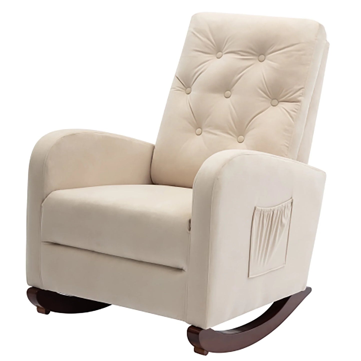High Back Rocking Chair, Nursery Chair with Side Pocket, Linen Fabric Single Sofa Chair, Lazy Sofa Balcony Reclining Chair, Padded Armchair, for Living Room,Bedroom,Office, Beige