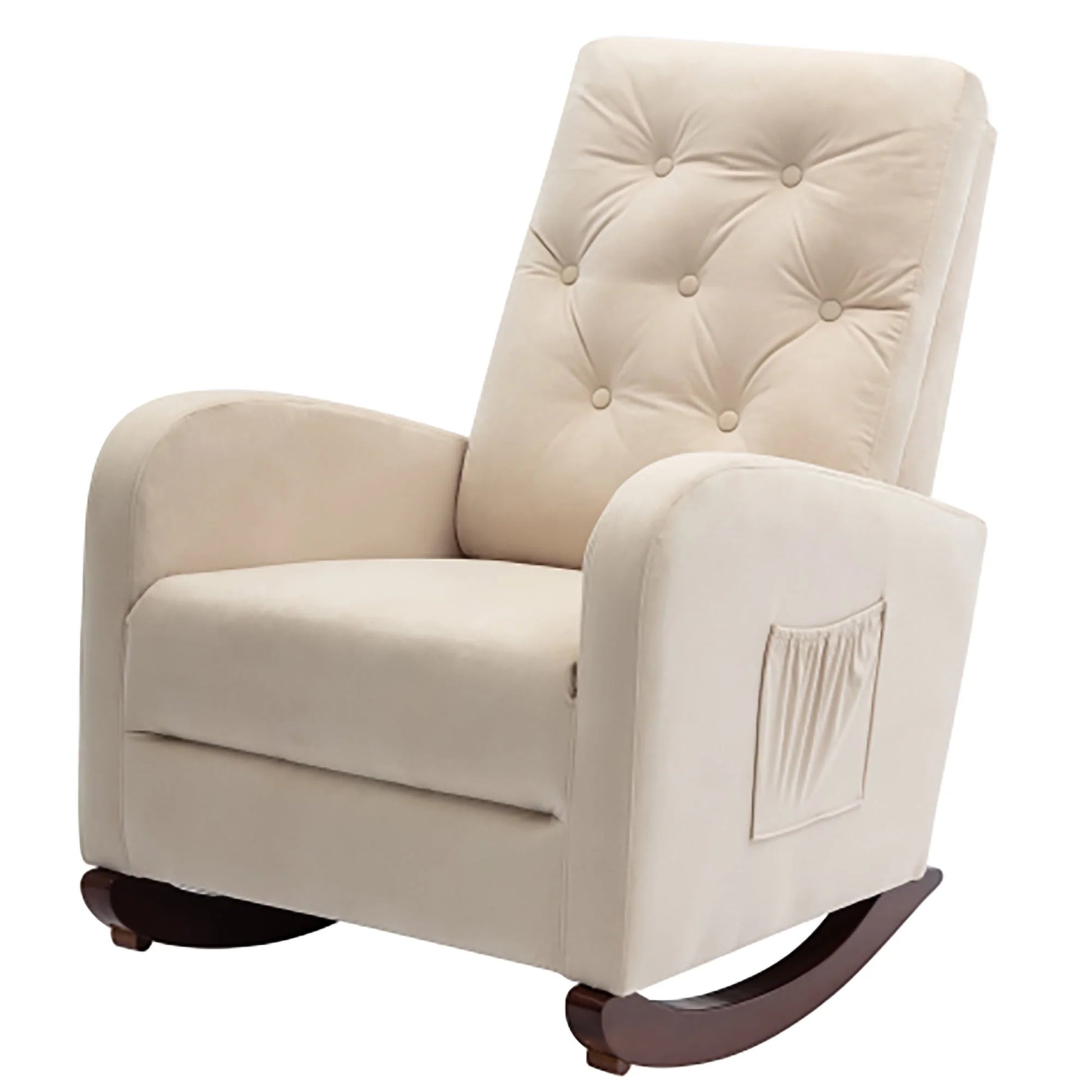High Back Rocking Chair, Nursery Chair with Side Pocket, Linen Fabric Single Sofa Chair, Lazy Sofa Balcony Reclining Chair, Padded Armchair, for Living Room,Bedroom,Office, Beige