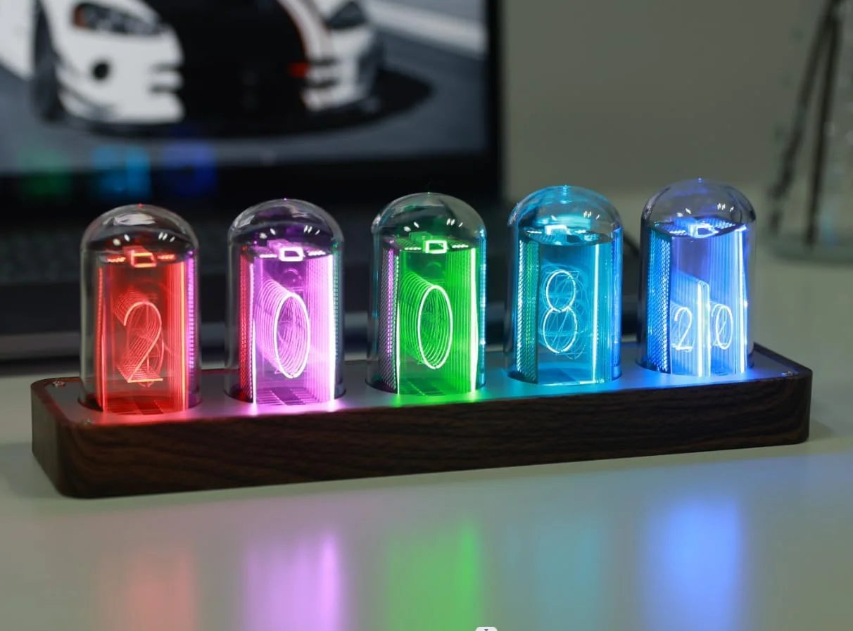Retro Nixie Tube Clock with Wi-Fi Sync, Alarm & Timer, 12/24H Display, No Assembly Required - Wooden Design