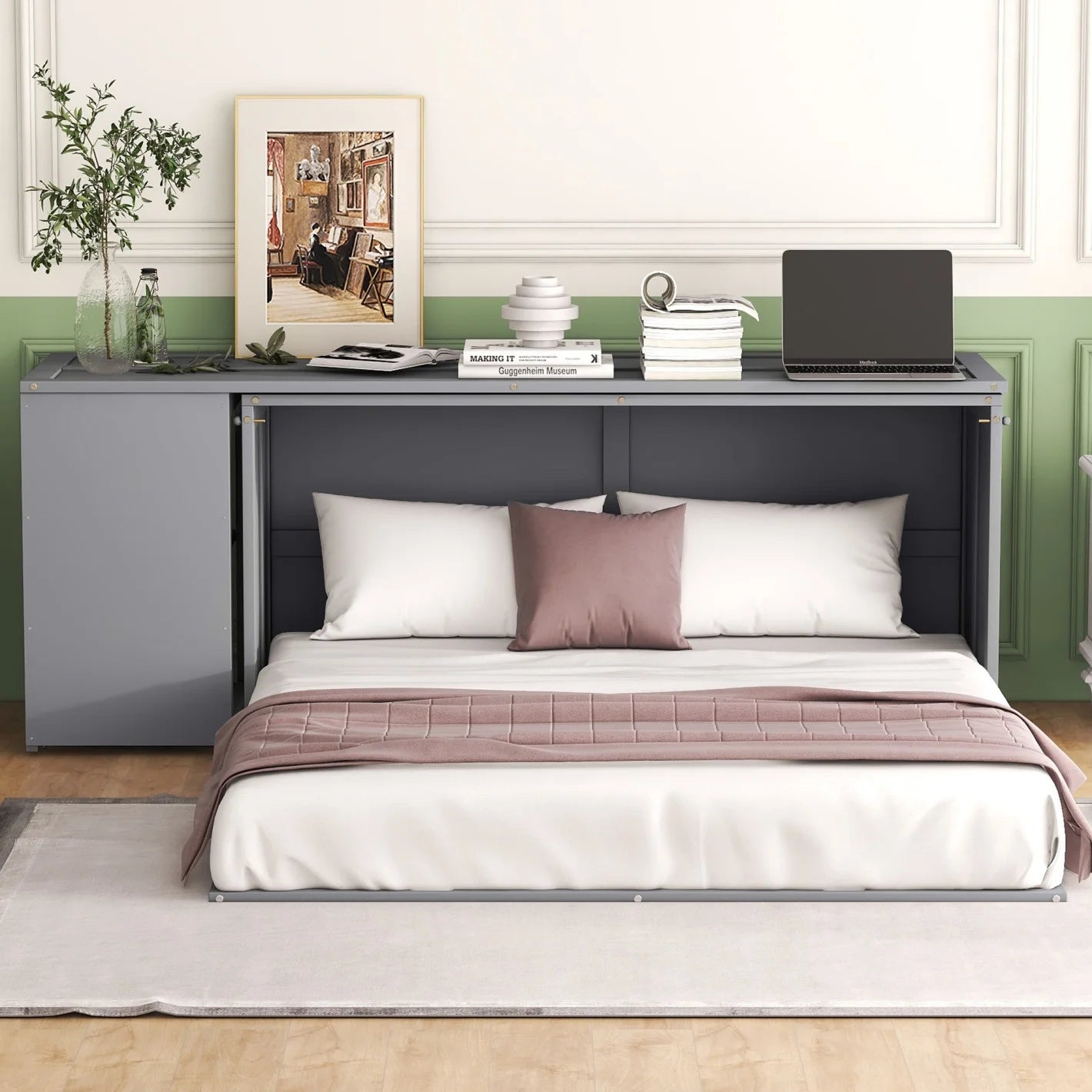 \ Queen Size Multi-Functional Cabinet,Wooden Foldable Platform BedFrame with Rotable Desk and Storage Shelves,Space-Saving Floor Bed Cabinet for Guest Room Home Office,Easy to Assemble,Gray