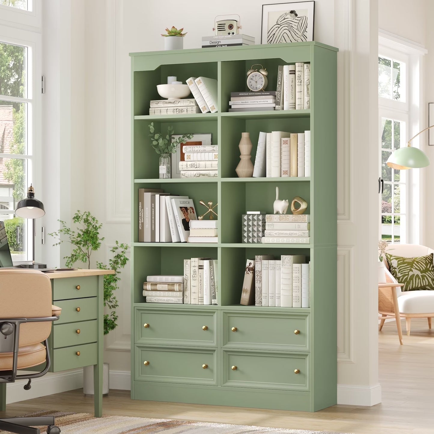 Homfa Double Row 6 Tier Bookcases, 71 in Tall Bookcase Bookshelf with 4 Drawers and 8 Display Cubicles, for Home Office Living Room, White