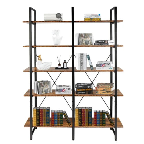 Ktaxon 5-Tier Open Bookcase, Wood and Metal Etagere Bookshelves Display Storage Rack for Home Office Decor, Vintage Brown