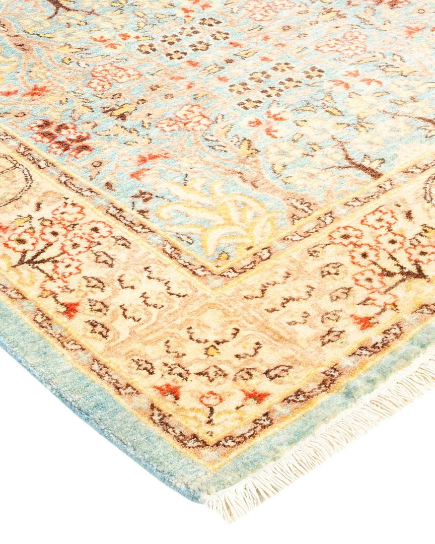 One of a Kind Hand Made Mogul Oriental Wool Area Rug Light Blue Runner