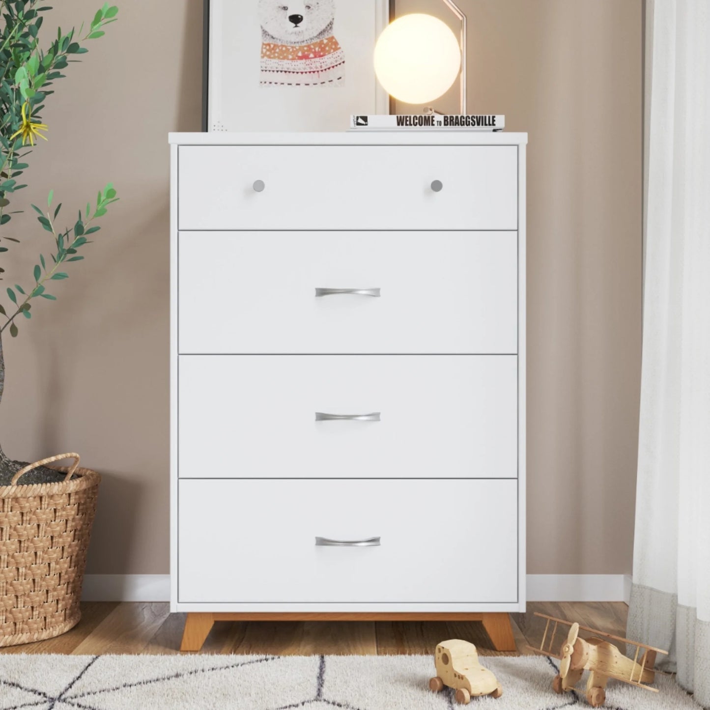 Child Craft Soho 42" Interlocking 4-Drawer Chest for Nursery or Bedroom, Tip-Resistant, Modern Style, White/Natural