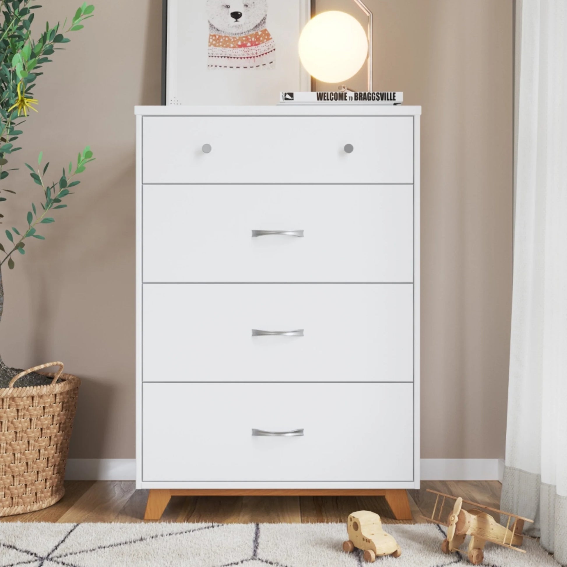 Child Craft Soho 42" Interlocking 4-Drawer Chest for Nursery or Bedroom, Tip-Resistant, Modern Style, White/Natural