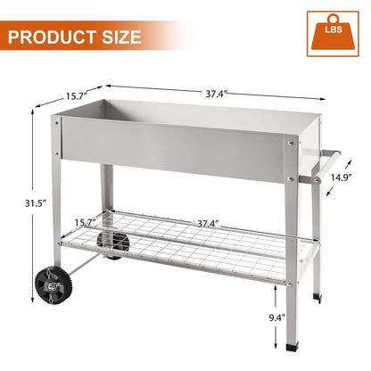 Pushable Grey Metal Raised Garden Bed, Outdoor/Indoor Garden Pots with Handles, Wheels and Shelves, Apartment Patio Stand for Vegetables Flowers Fruits from EXCITED WORK-37.5 inches Long