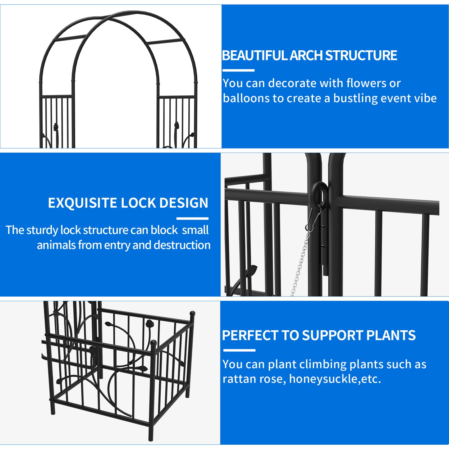 Dextrus Metal Garden Arch with Planter Boxes and Gate, Elegant Wedding Arch Climbing Plants Party Decoration for Outdoor Lawn
