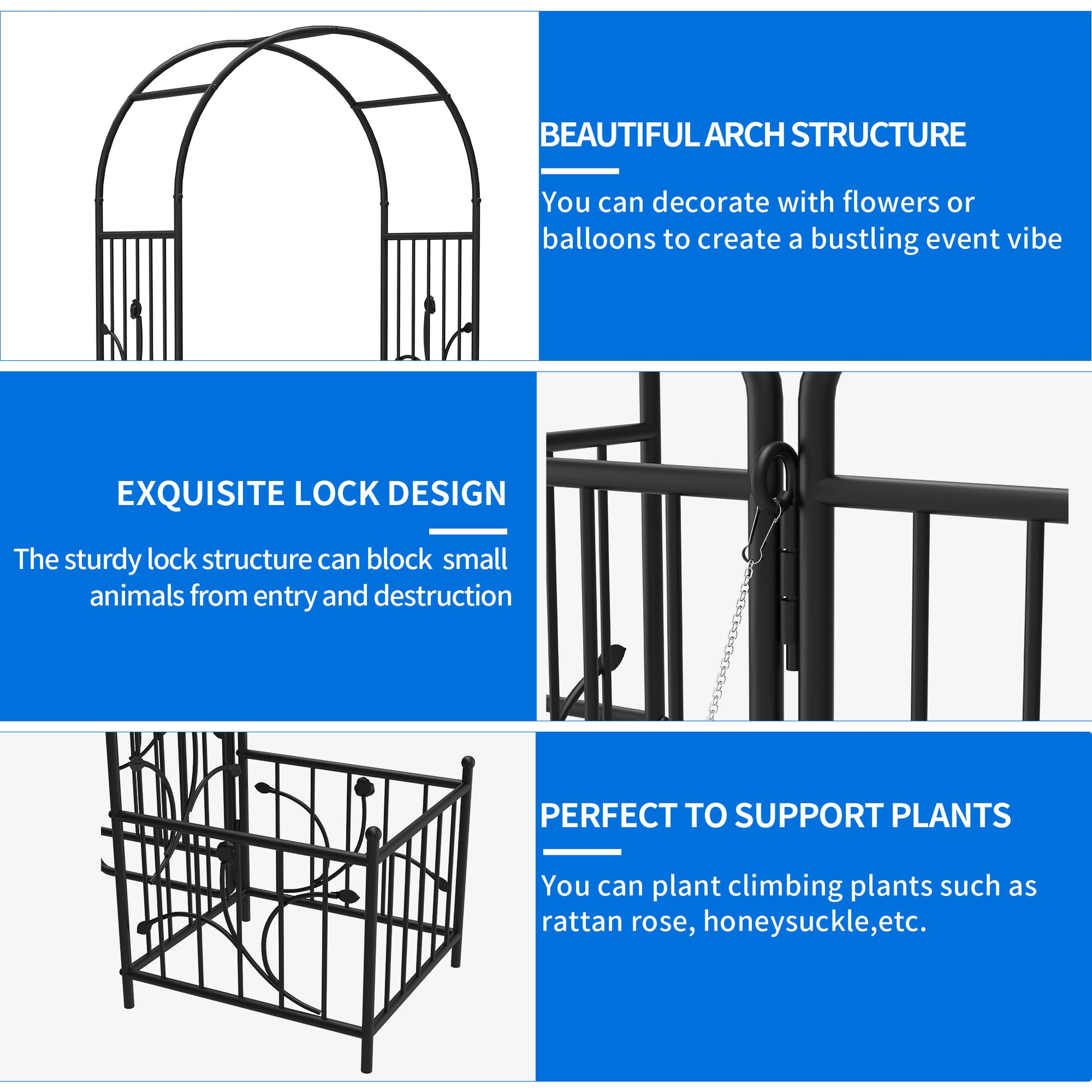 Dextrus Metal Garden Arch with Planter Boxes and Gate, Elegant Wedding Arch Climbing Plants Party Decoration for Outdoor Lawn