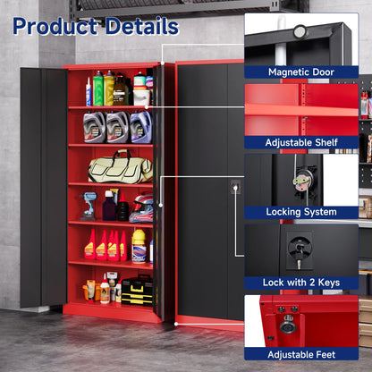 AUHUP 71" Metal Cabinet with 5 Adjustable Shelves, Garage Storage Cabinets with Locking Doors,Tool Storage Cabinet for Home Office,Warehouse,Workshop(Red Black)
