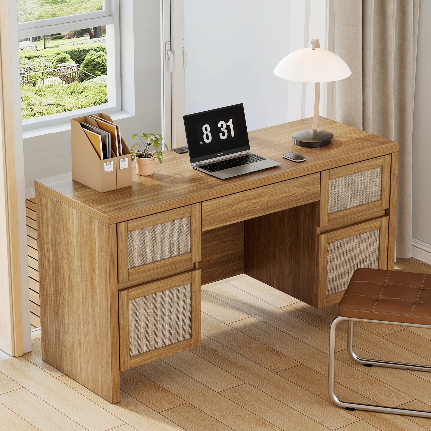 Brafab Home Office Desk with Charging Station, 5-Drawer Executive Desk with Rattan Front, Modern Farmhouse Computer Writing Desk, Built-in USB/Type-C Ports & Outlets