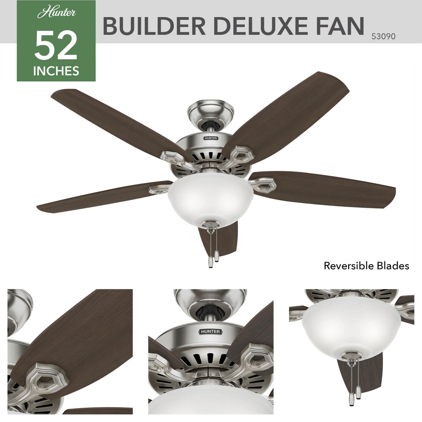 Hunter - Builder Indoor Ceiling Fan With Light, 52-inch, Brushed Nickel, Traditional-style, 3-speed WhisperWind Motor, 53090, for living rooms, bedrooms, home offices, kitchens