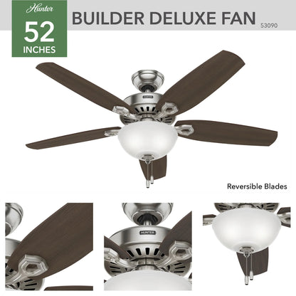 Hunter - Builder Indoor Ceiling Fan With Light, 52-inch, Brushed Nickel, Traditional-style, 3-speed WhisperWind Motor, 53090, for living rooms, bedrooms, home offices, kitchens
