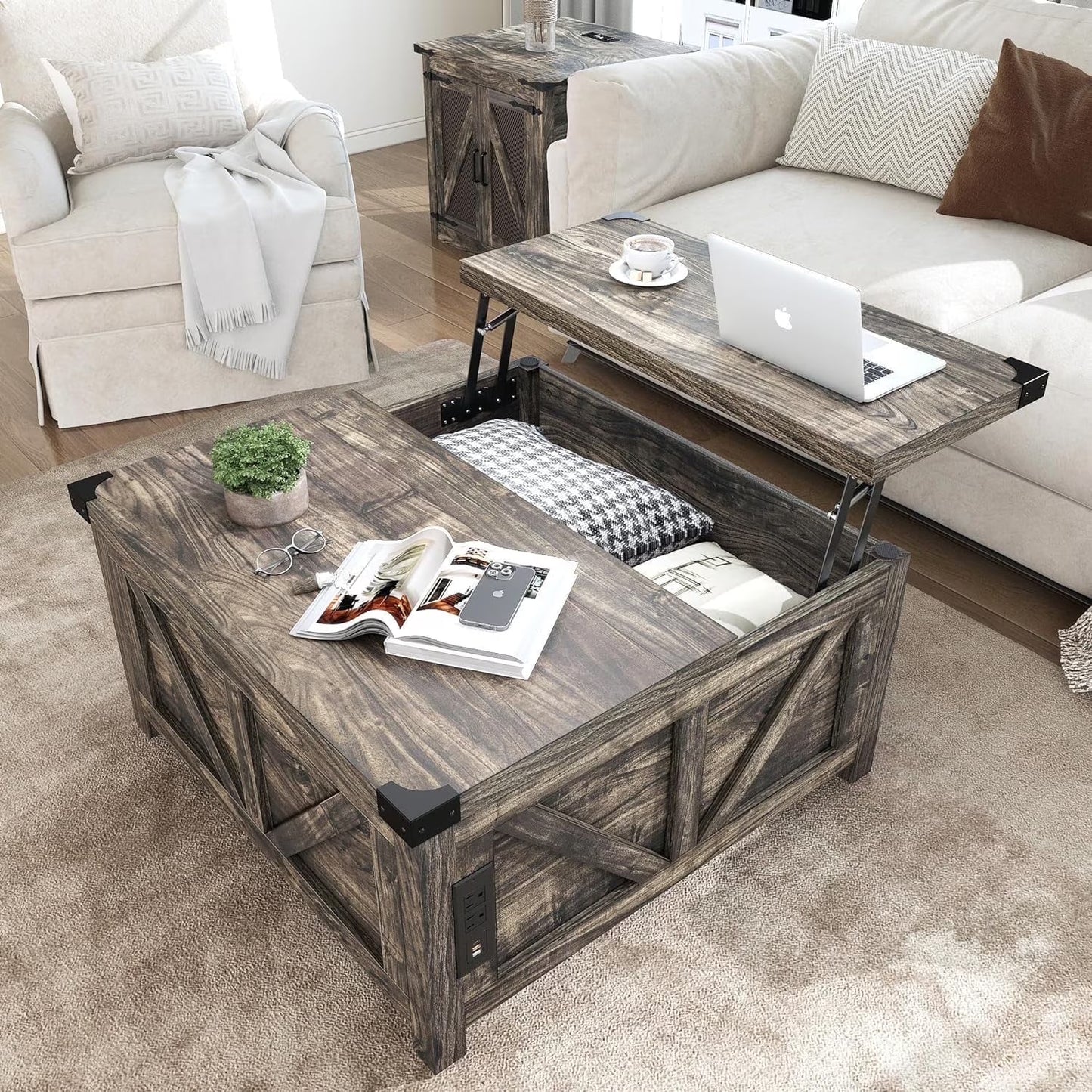 ChVans 35.6" Square Lift Top Coffee Table, Farmhouse Coffee Table with Storage & Charging Ports, Wood Center Table w/Large Hidden Space for Living Room Home Office