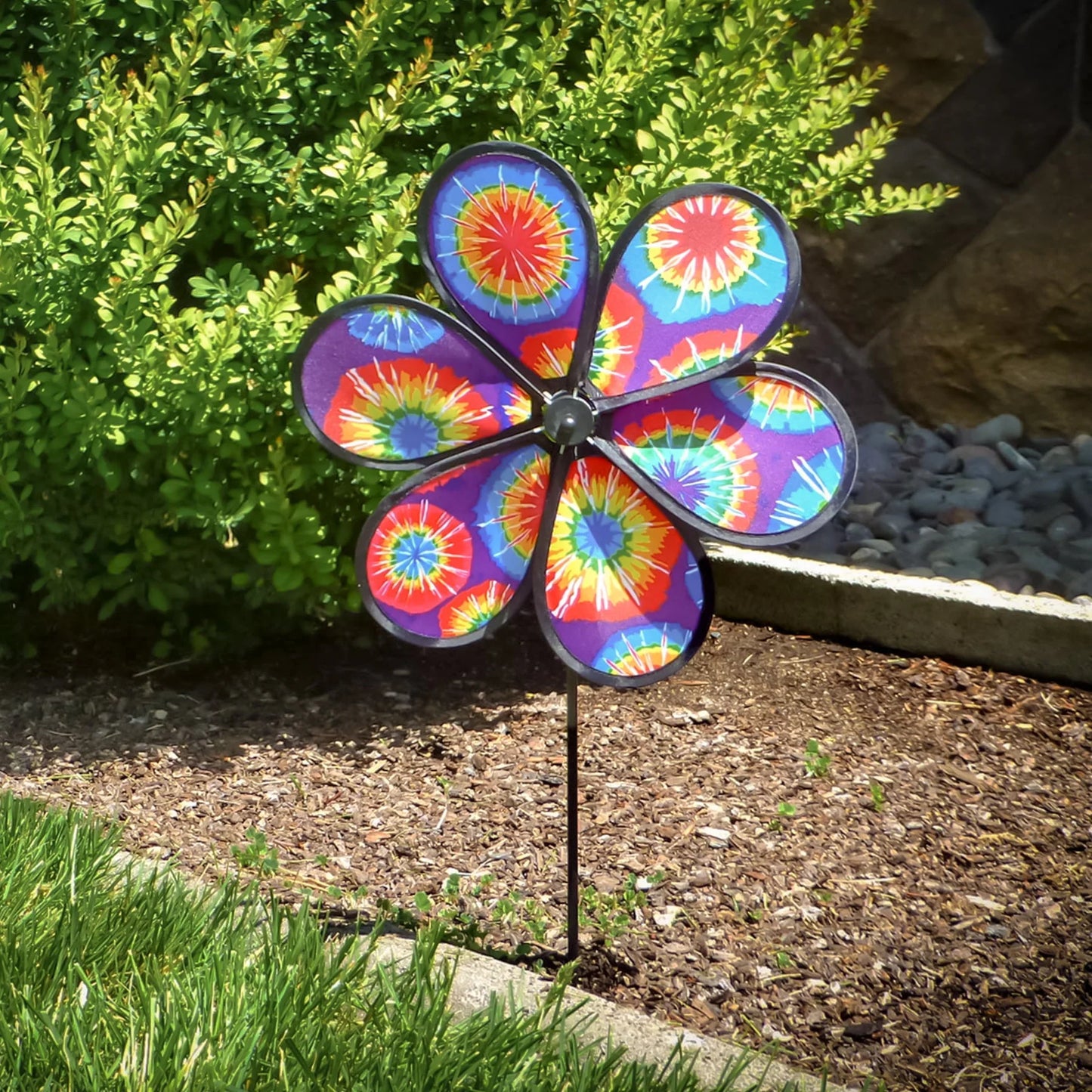 In the Breeze 2887 6-Petal Tie Dye Flower Wind Spinner, 12-Inch Colorful Flower Spinner Decoration for the Yard and Garden