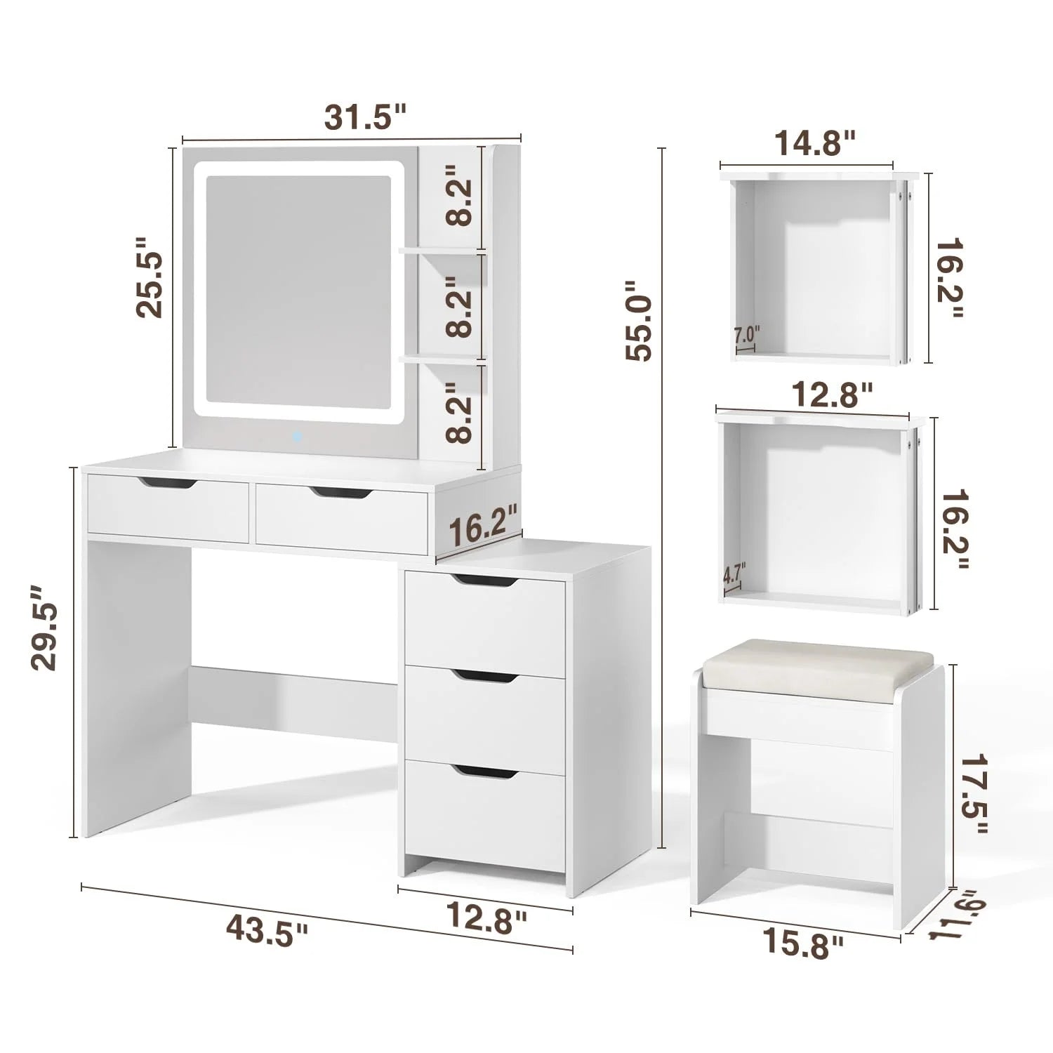 Bedroom Furniture Set - Includes Queen Bed Frame, Nightstands Set of 2, 5-Drawer Dresser & Vanity Desk - Modern Storage Solution for Stylish Home Decor, Beige/White