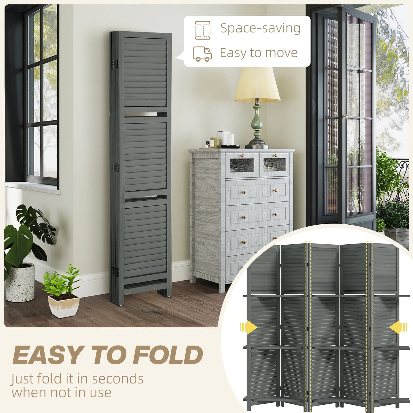 HOMCOM 5 Panel 67" Tall Wood Privacy Screen Room Divider with 3 Display Shelves, and Folding Storage for Bedroom or Home Office, Gray