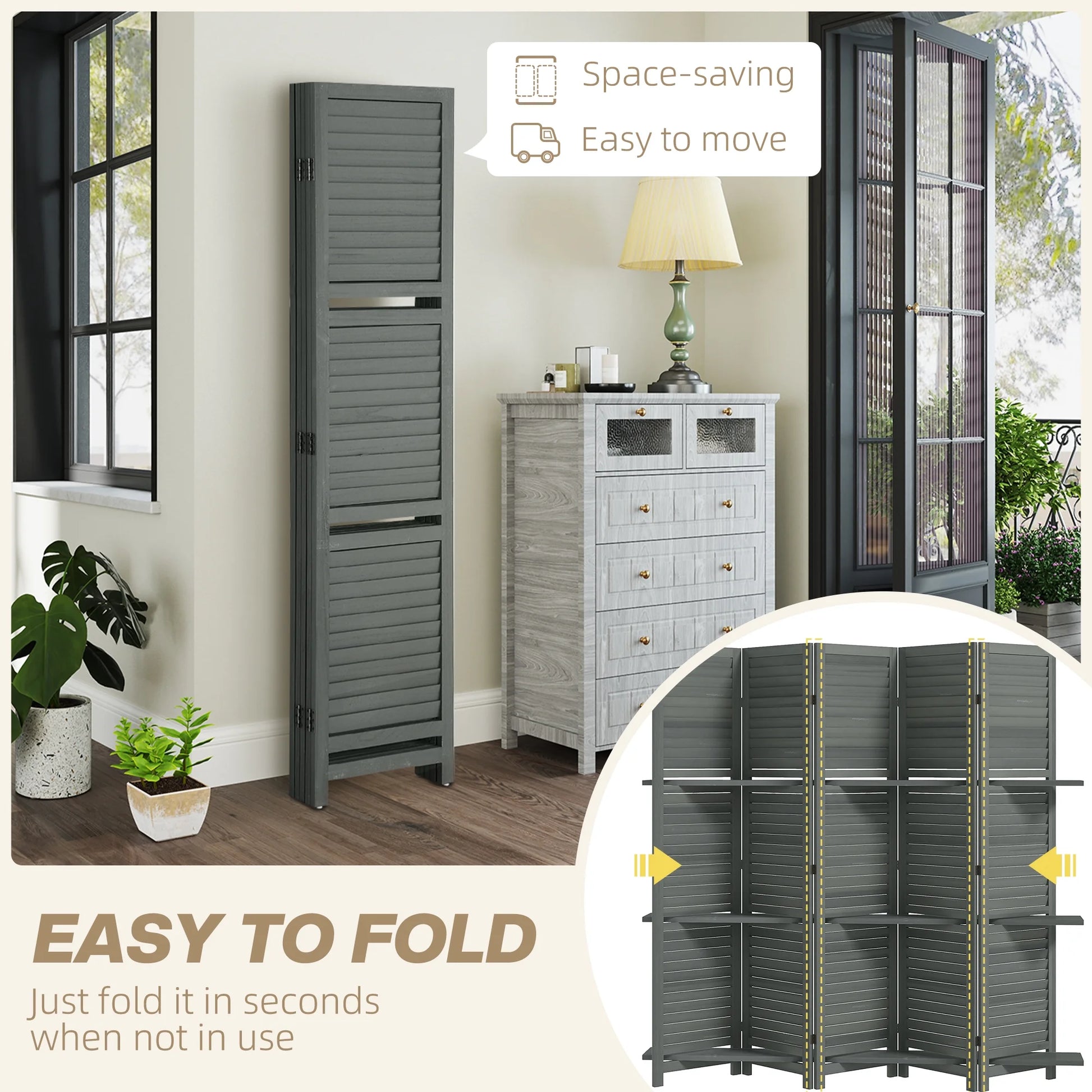 HOMCOM 5 Panel 67" Tall Wood Privacy Screen Room Divider with 3 Display Shelves, and Folding Storage for Bedroom or Home Office, Gray