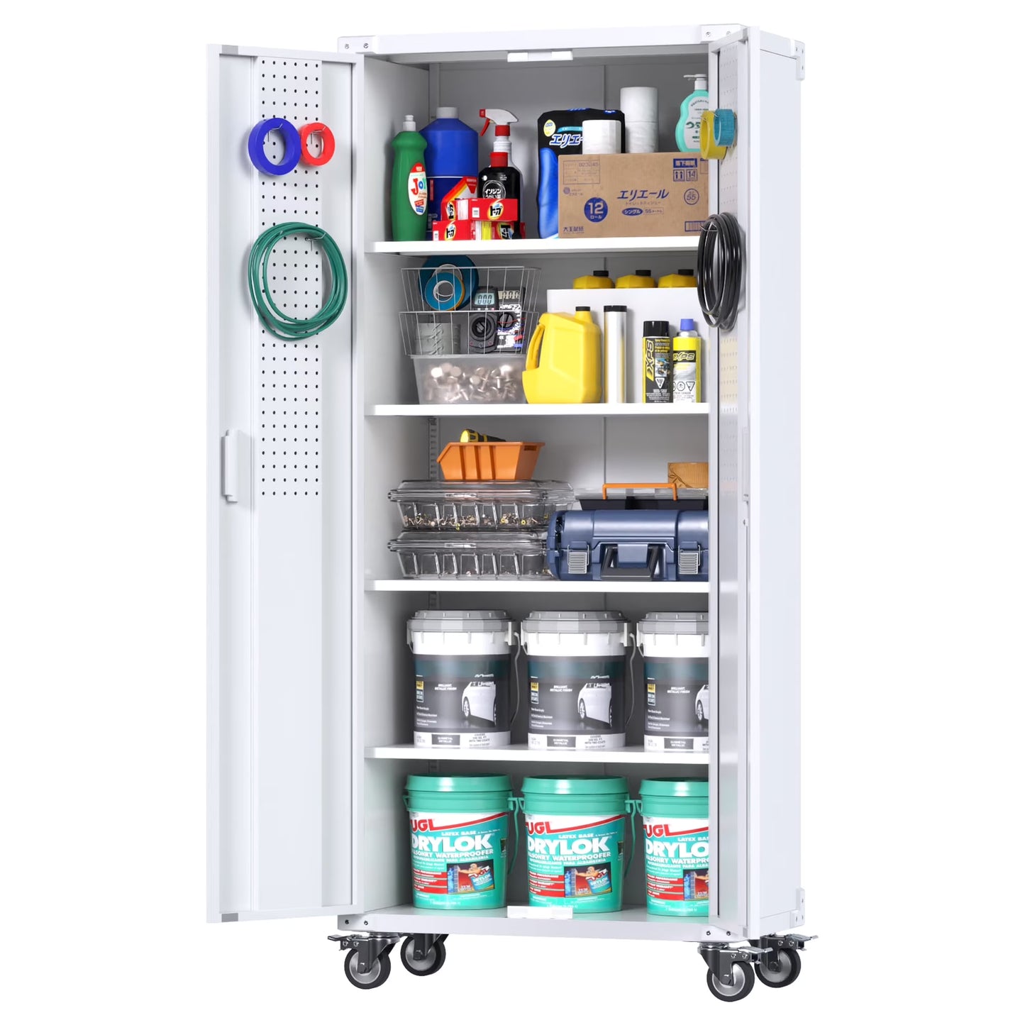 GAEANET 71" H Metal Storage Cabinet on Wheels with Pegboards & Drawer,Lockable Rolling Steel Tool Chest Cabinet for Garage,Warehouse,Home Office,Assembly Required,Black+Gray