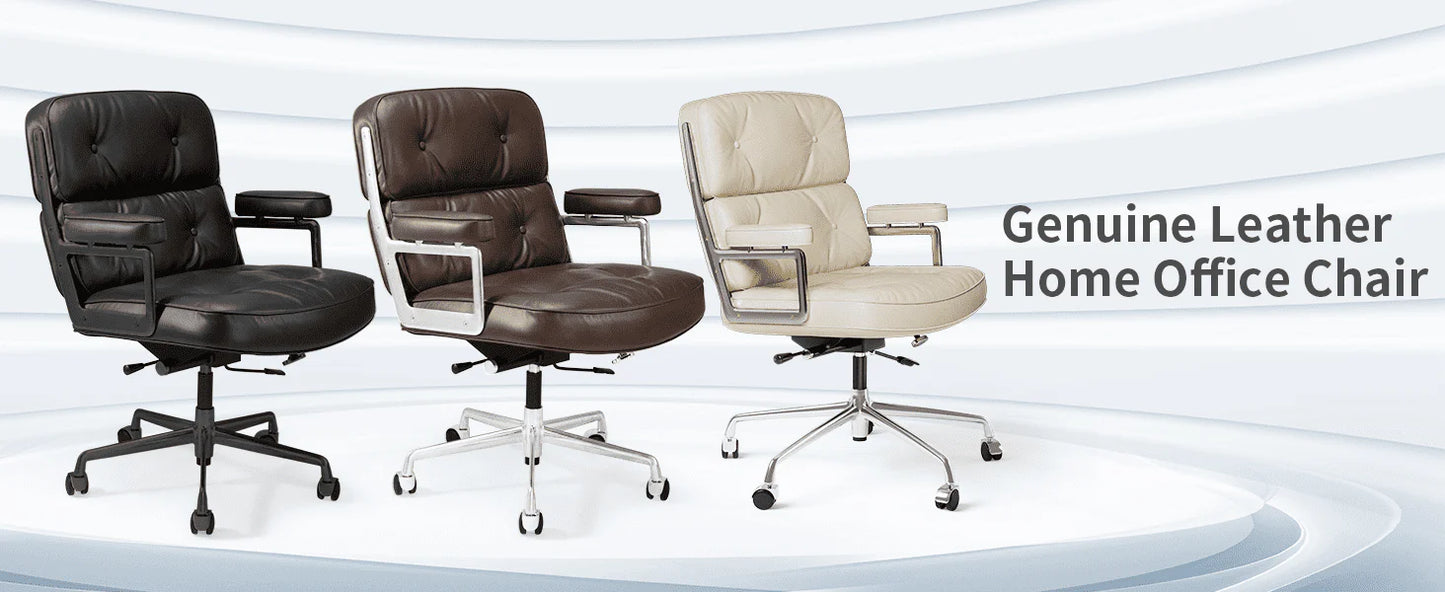 Mid Back Genuine Leather Office Chair, Adjustable Height and Liftable Swivel Computer Chair with Rolling Casters for Home Office Use, Black