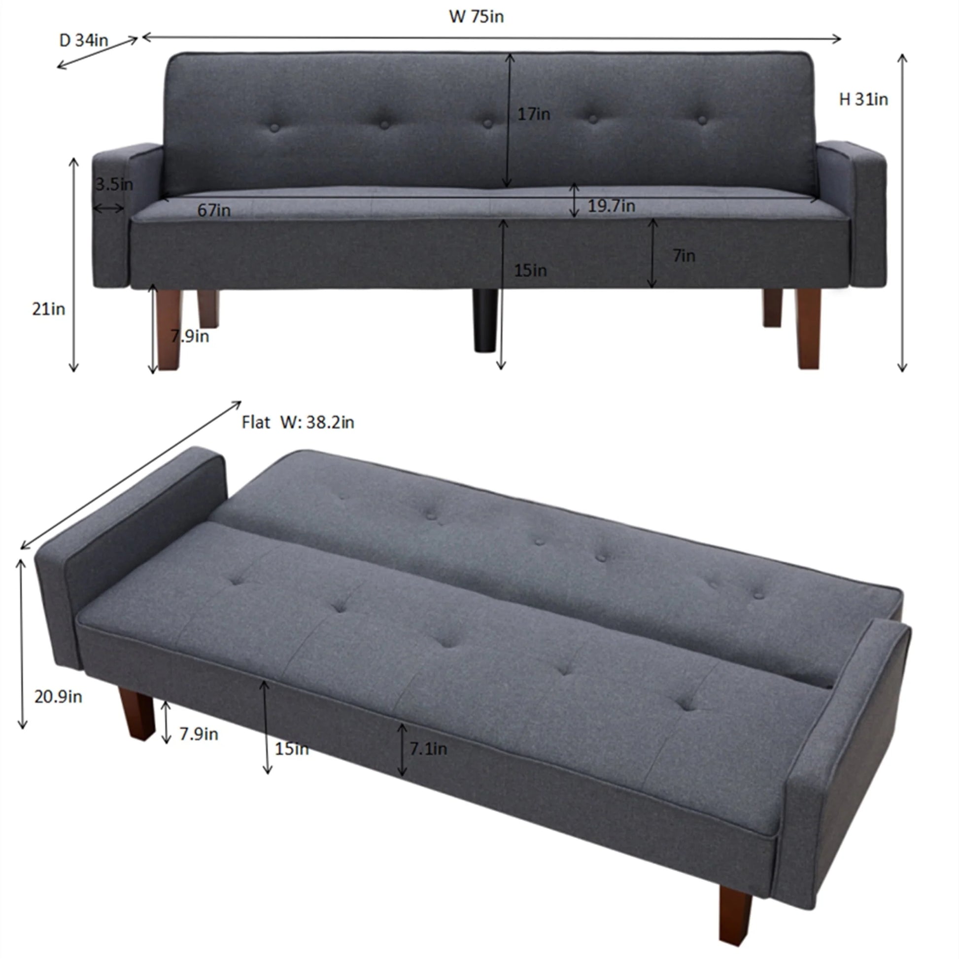 Aukfa Linen Square Arm Futon Convertible Sofa Bed for Home Office, Tufted Back, Gray