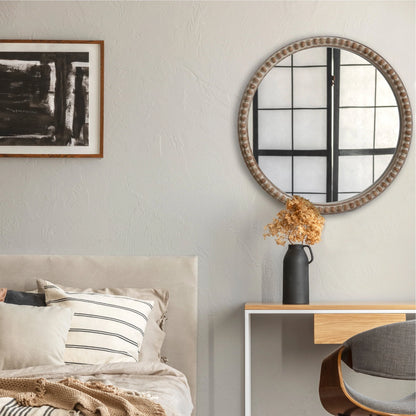 COZAYH Distressed Wood Frame Accent Mirror, Rustic Farmhouse Style Decorative Wall Mirror (Round)