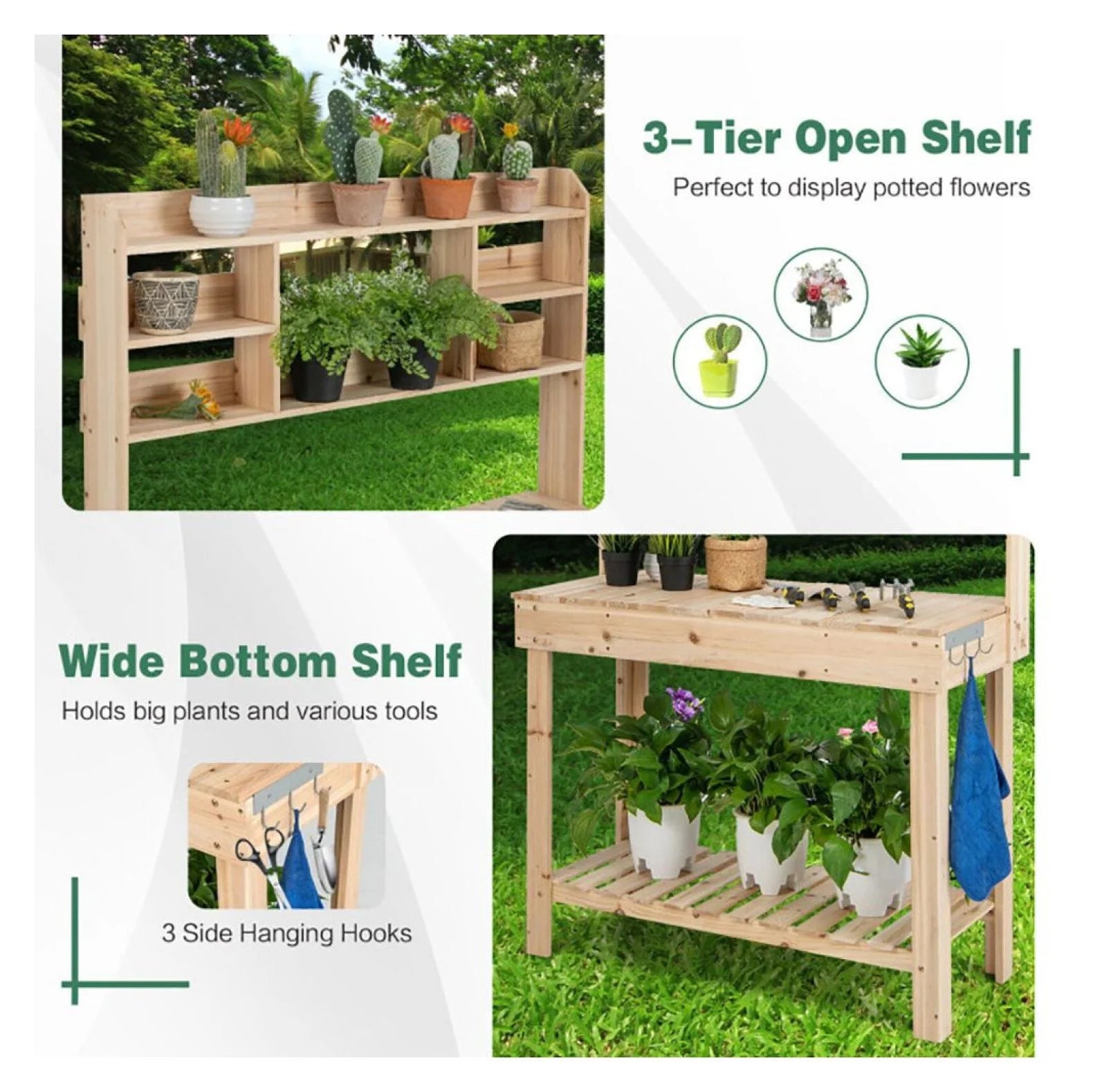 Garden Potting Bench Table with Display Rack & Sink - Outdoor Workstation for Plants, Tools & Gardening - Fir Wood - 43.5" x 19.5" x 60.5"