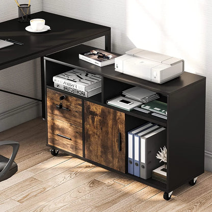 Dextrus Wood File Cabinet, 2 Drawer Mobile Lateral File Cabinet Printer Stand with Open Storage Shelves for Home Office, Black & Rustic Brown