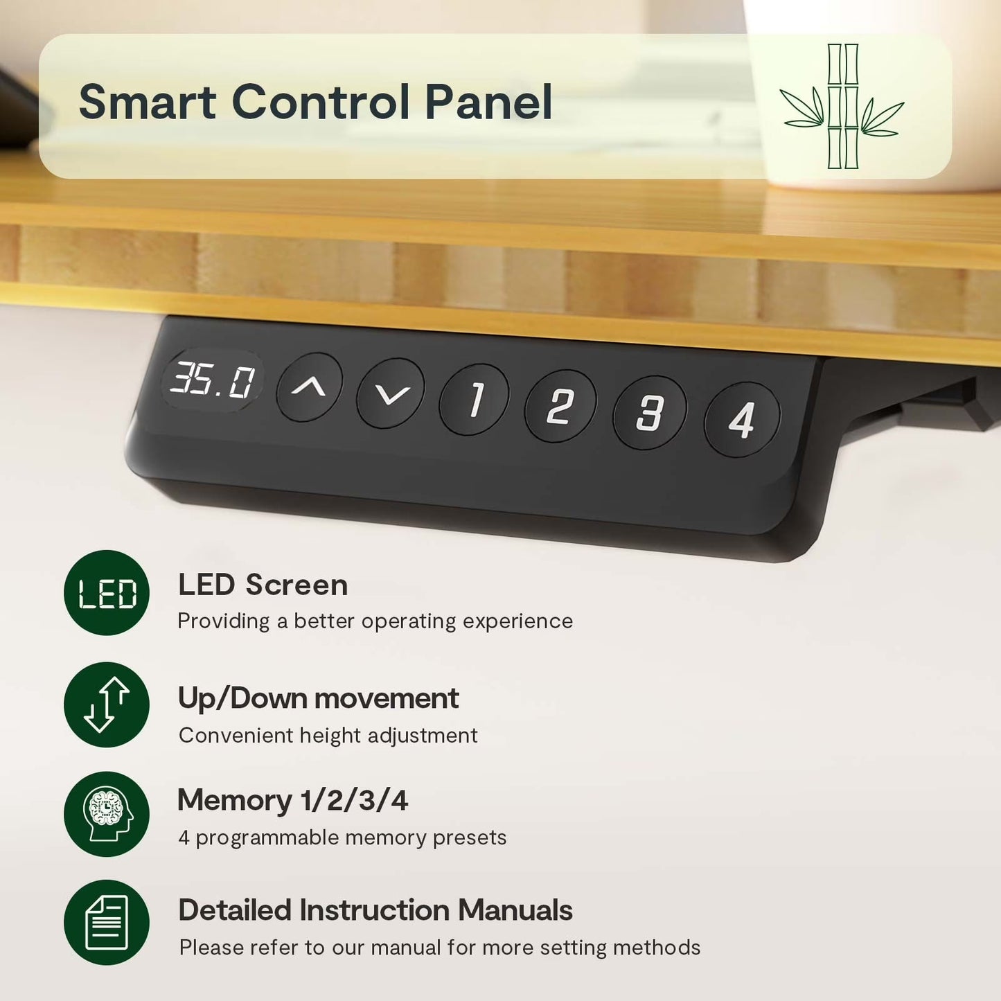 FlexiSpot 100% Bamboo Whole-Piece Desktop Ergonomic Electric Home Office Standing Desk Memory Controller 55''X28'' - Black