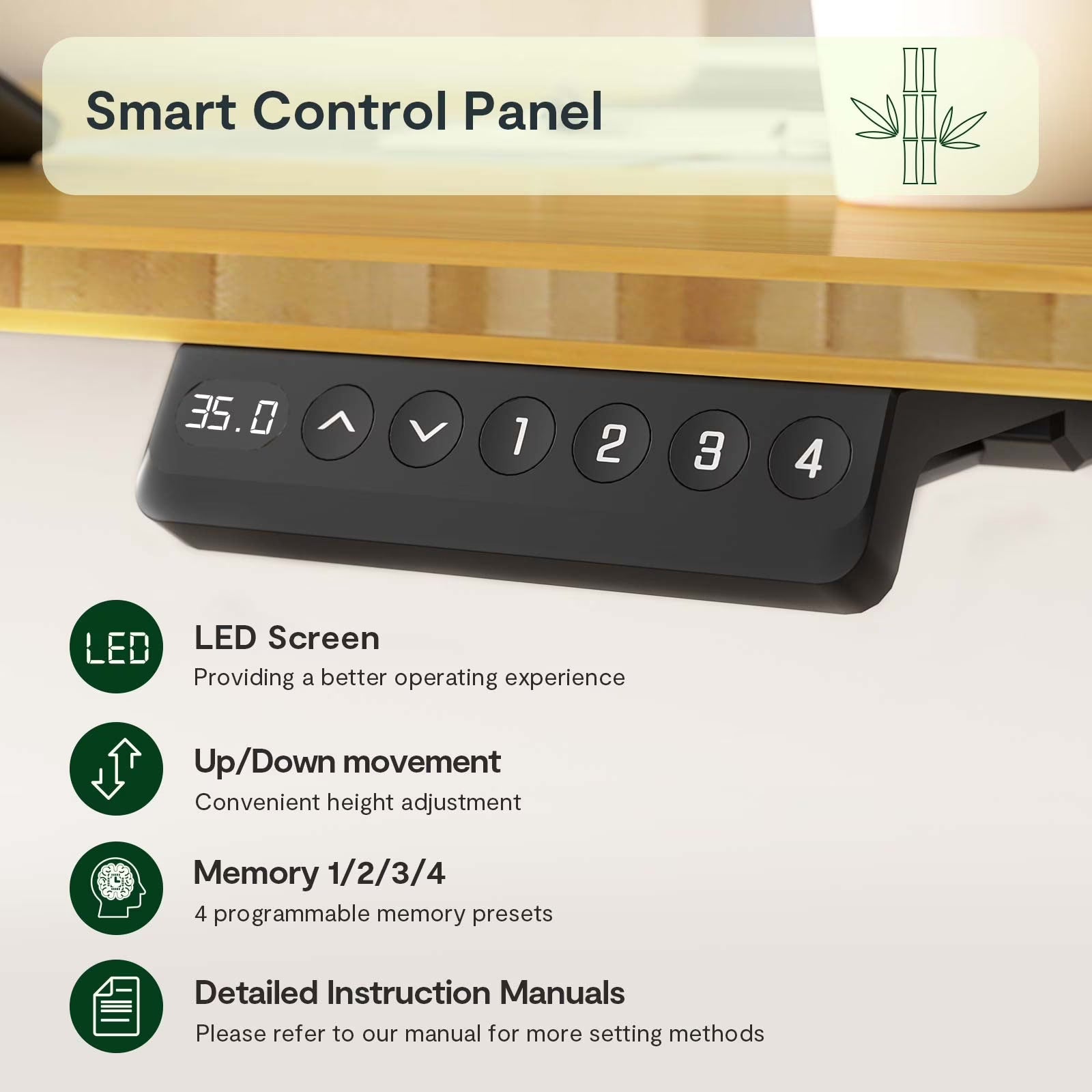FlexiSpot 100% Bamboo Whole-Piece Desktop Ergonomic Electric Home Office Standing Desk Memory Controller 55''X28'' - Black