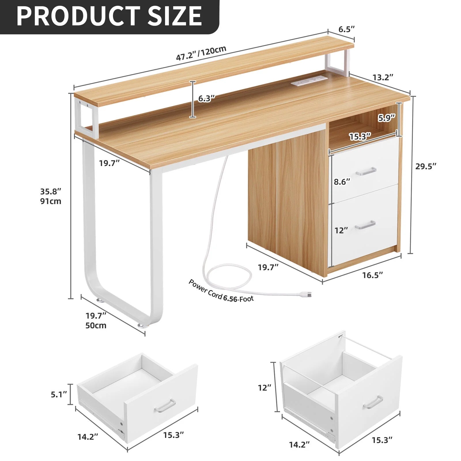 TDUKDB 47/55 Inch Home Office LED Computer Desk with File Drawer and Power Outlets. Ideal for Home Office Study Stable Design, Stylish Simple-inch-Brown White