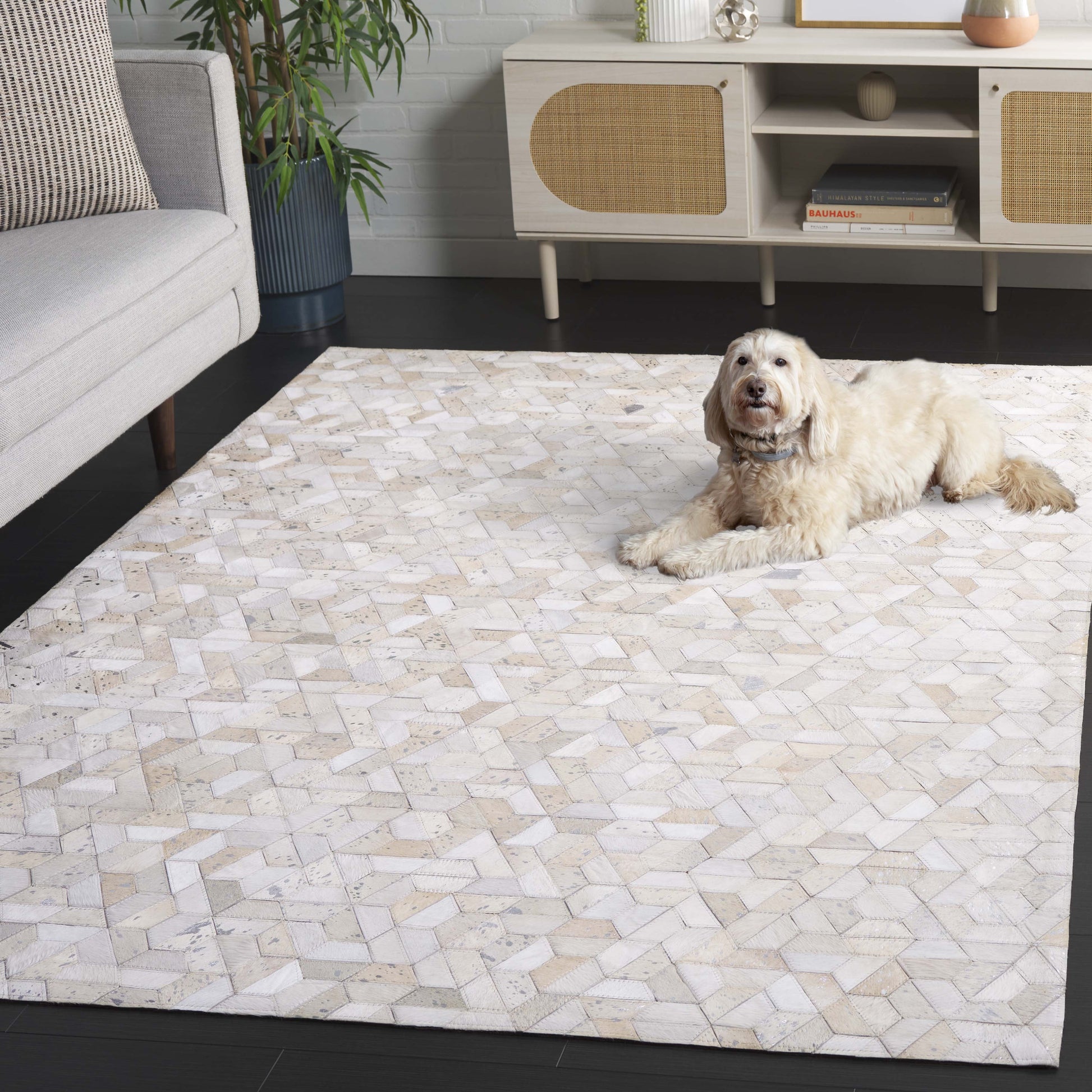 SAFAVIEH Studio Leather June Geometric Area Rug, Ivory/Silver, 8' x 10'