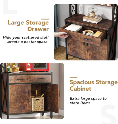 Tribesigns Bookshelf with Drawer, 4 Tier Bookcase with Doors Cabinet for Living Room, Home Office, Rustic Brown & Black