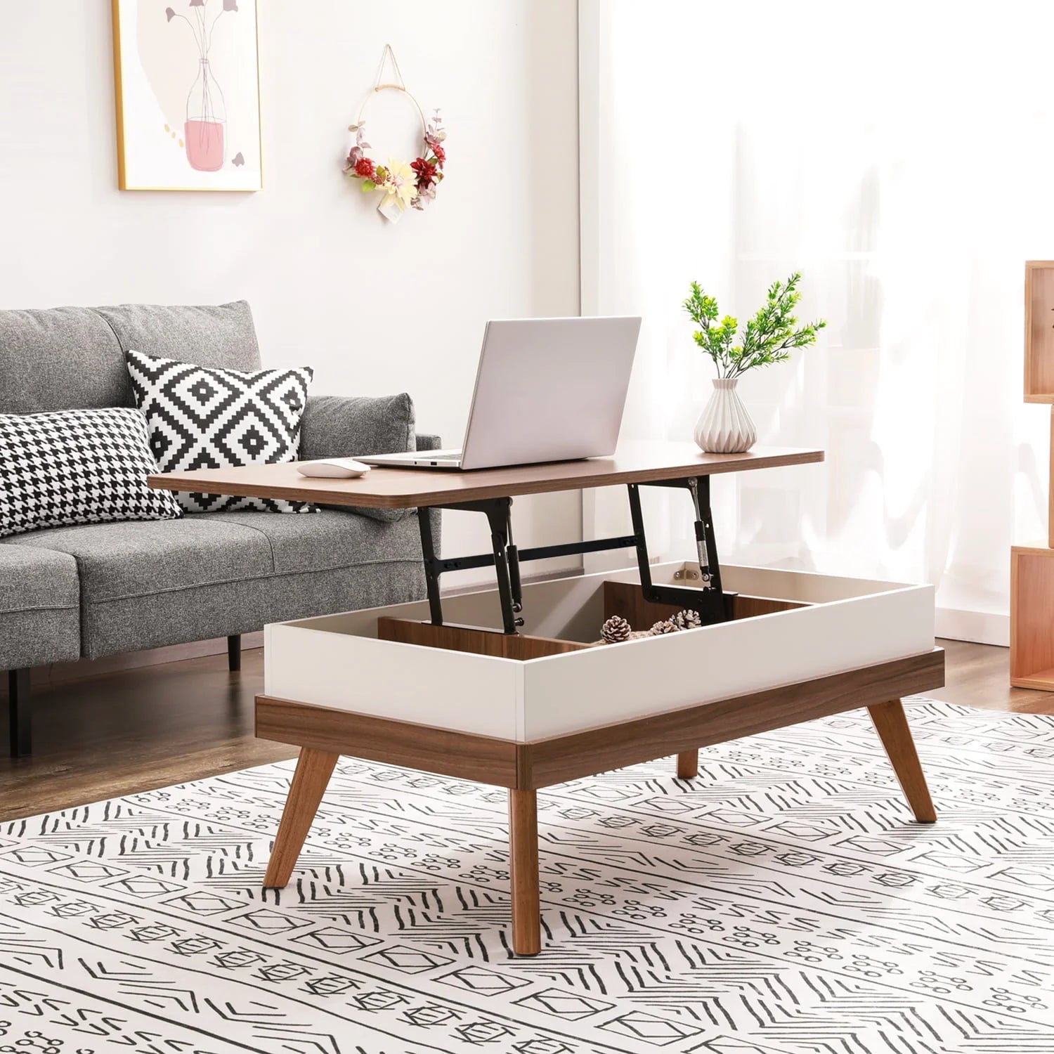 Bidiso Lift Top Coffee Table, Easy-to-Assembly Center Table with Hidden Storage Compartment, Modern Lift Tabletop Dining Table for Living Room Reception/Home Office, Grey Walnut