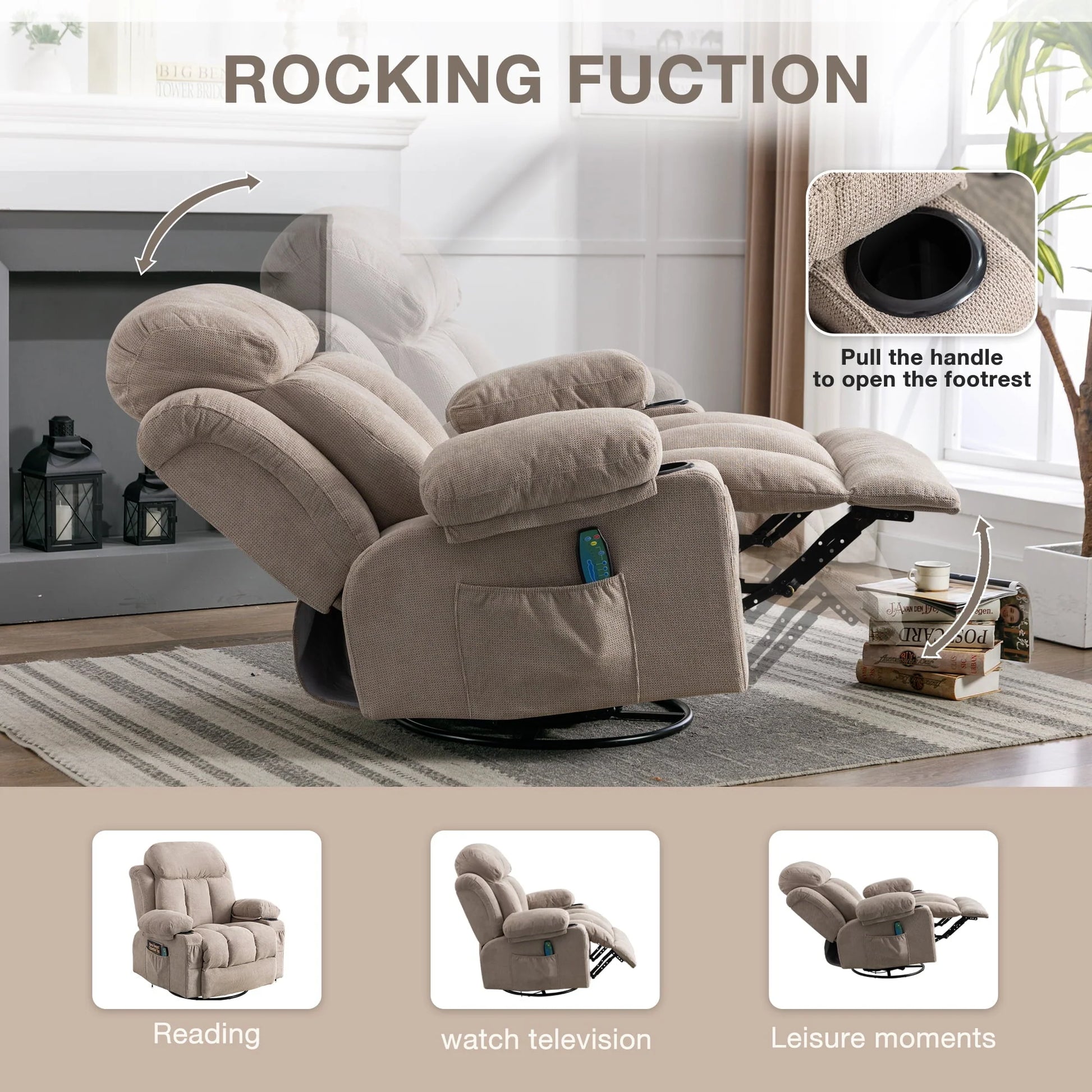 SYNGAR Manual Recliner Chair with Heat and Massage Function, Fabric Upholstery Recliner for Home Living Room Bedroom Nursery, Swivel Rocker Sofa Chair with USB Port and 2 Cup Holders, Beige