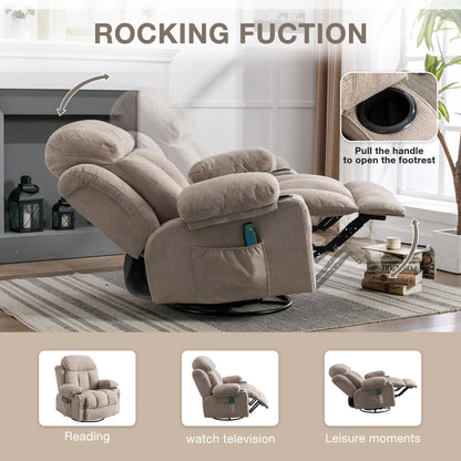SYNGAR Manual Recliner Chair with Heat and Massage Function, Fabric Upholstery Recliner for Home Living Room Bedroom Nursery, Swivel Rocker Sofa Chair with USB Port and 2 Cup Holders, Beige