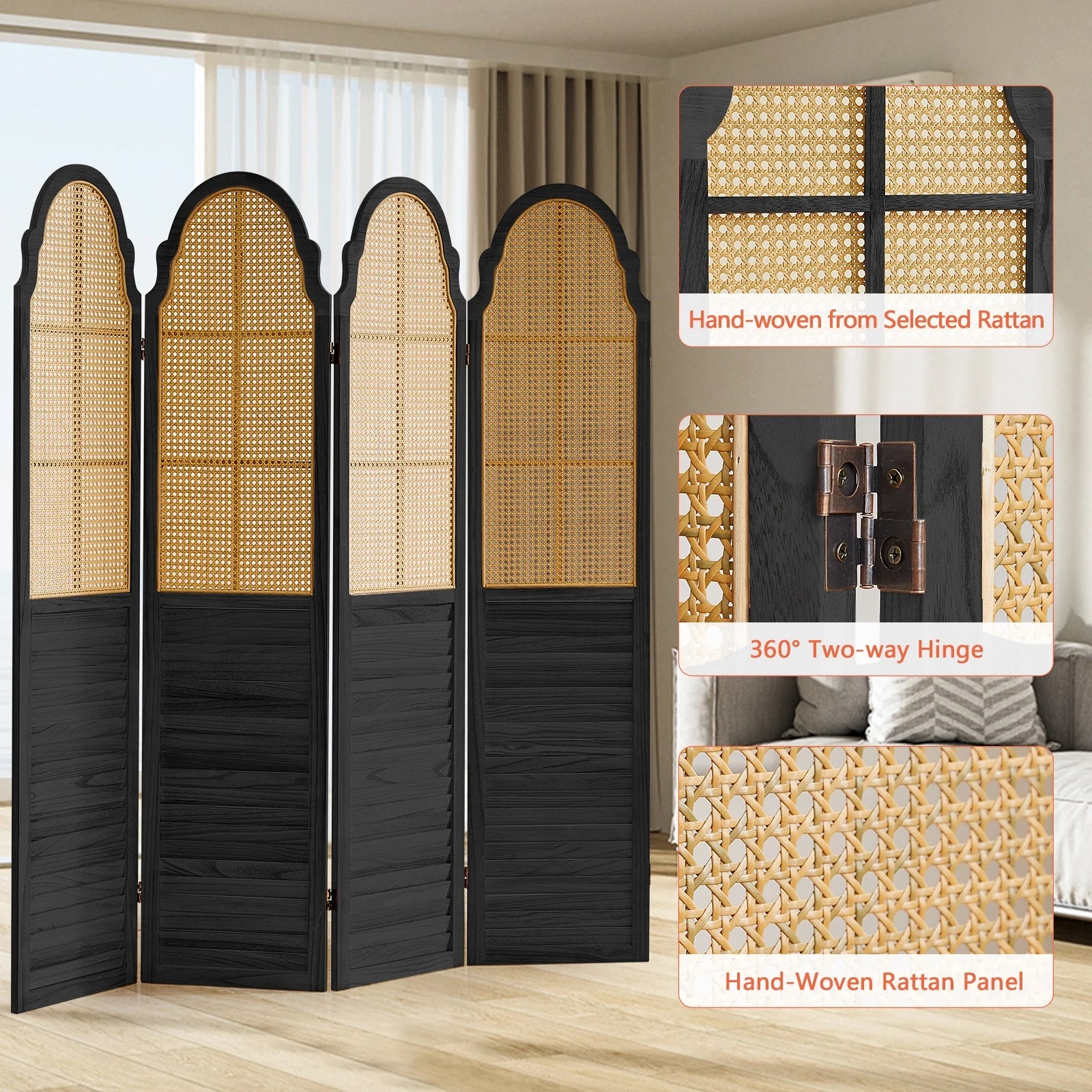 Aletheiawu 4 Panel Rattan Room Divider, Foldable Privacy Screen, No Installation Required, Black