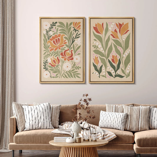 IDEA4WALL Framed Canvas Print Wall Art Set Vintage Floral Classic Botanical Illustration Abstract Garden Flowers Boho Art Modern Wall Decor Colorful Chic Artwork for Home Decor - Natural 24"x36"x2