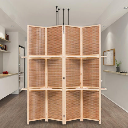 THY COLLECTIBLES Freestanding Wood Frame Woven Bamboo 4 Panels Hinged Privacy Panel Screen Partition Wall With 2 Display Shelves Holding Room Divider With Shelves-Bamboo (Brown)