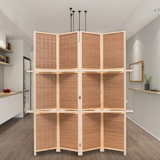 THY COLLECTIBLES Freestanding Wood Frame Woven Bamboo 4 Panels Hinged Privacy Panel Screen Partition Wall With 2 Display Shelves Holding Room Divider With Shelves-Bamboo (Brown)