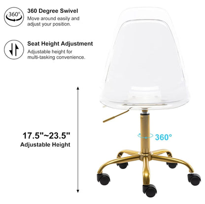 saney Clear Rolling Chair, Armless Desk Chair with Golden Feet Swivel Molded Plastic Shell Adjustable Home Office Chair with Wheels, Clear