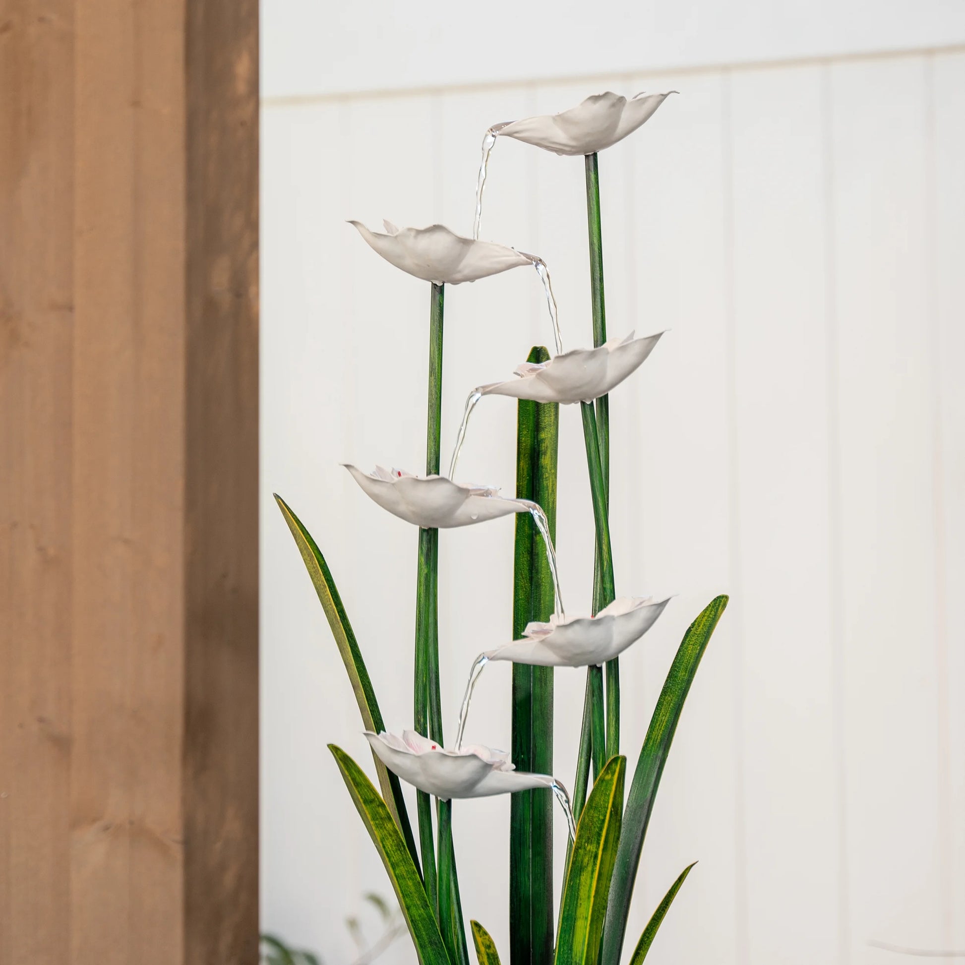 XBrand Metal Sculptural Multi-tiered Flower Water Fountain, Black & White, 39" Tall, w/LED Lights