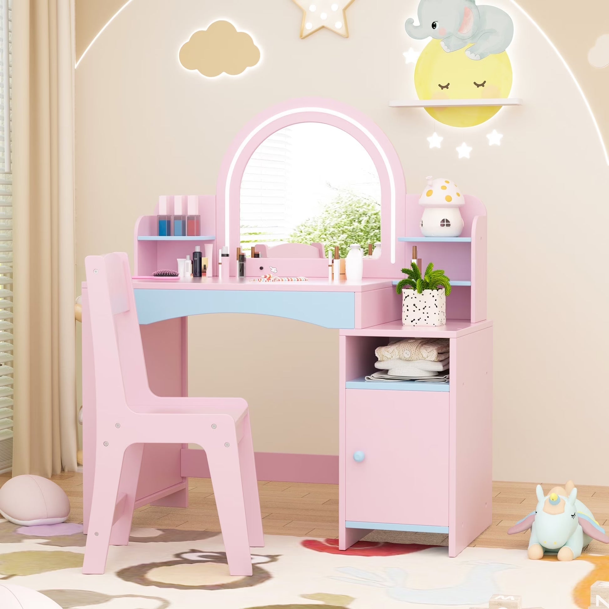 Kids 2-in-1 Princess Vanity Table Set with Jewelry Storage and Open Shelves, White