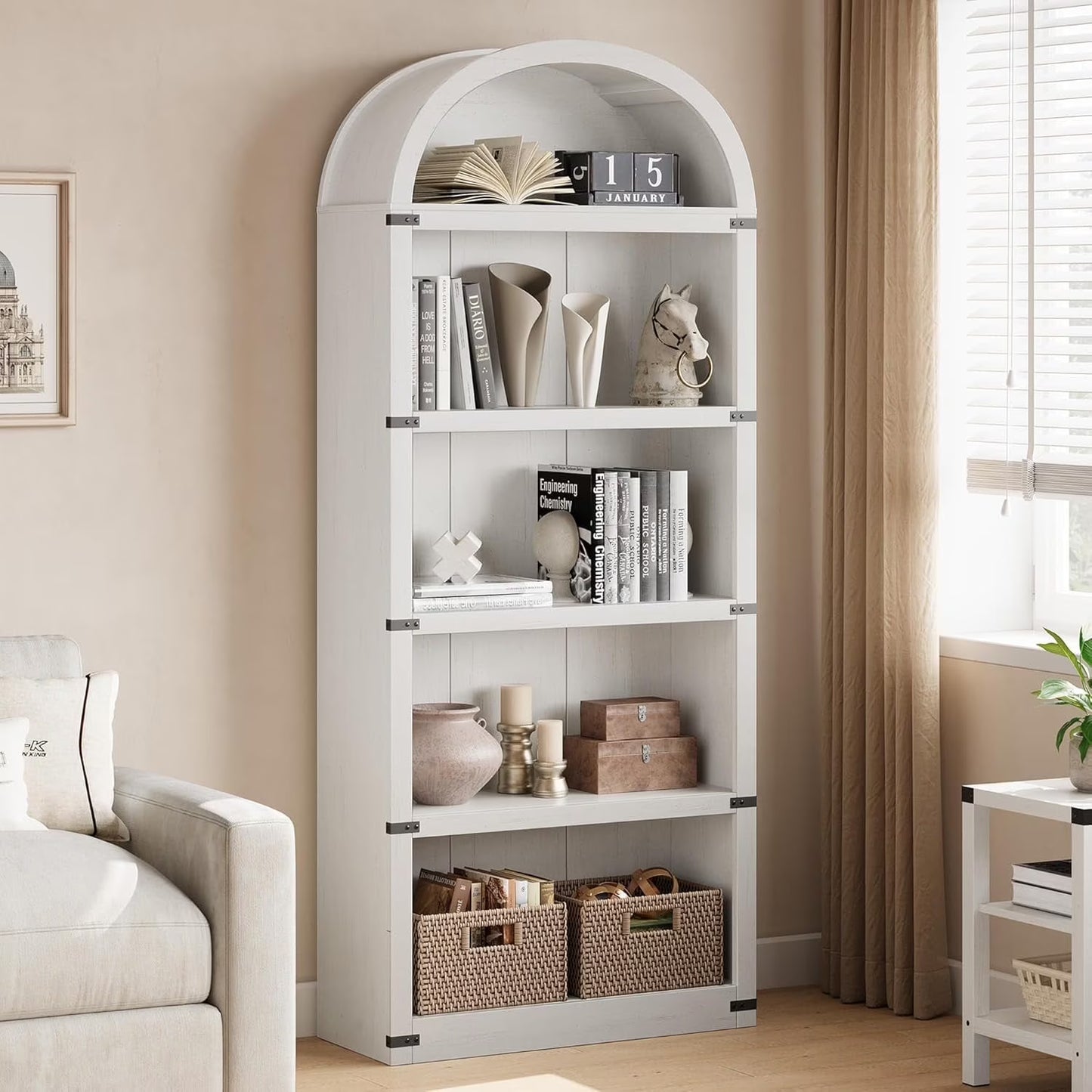 Accreate Bookcase 5 Shelf Arched Bookshelf 71.65in Tall Bookcase Farmhouse Display Storage Rack Wooden Bookshelves for Home office, Living Room