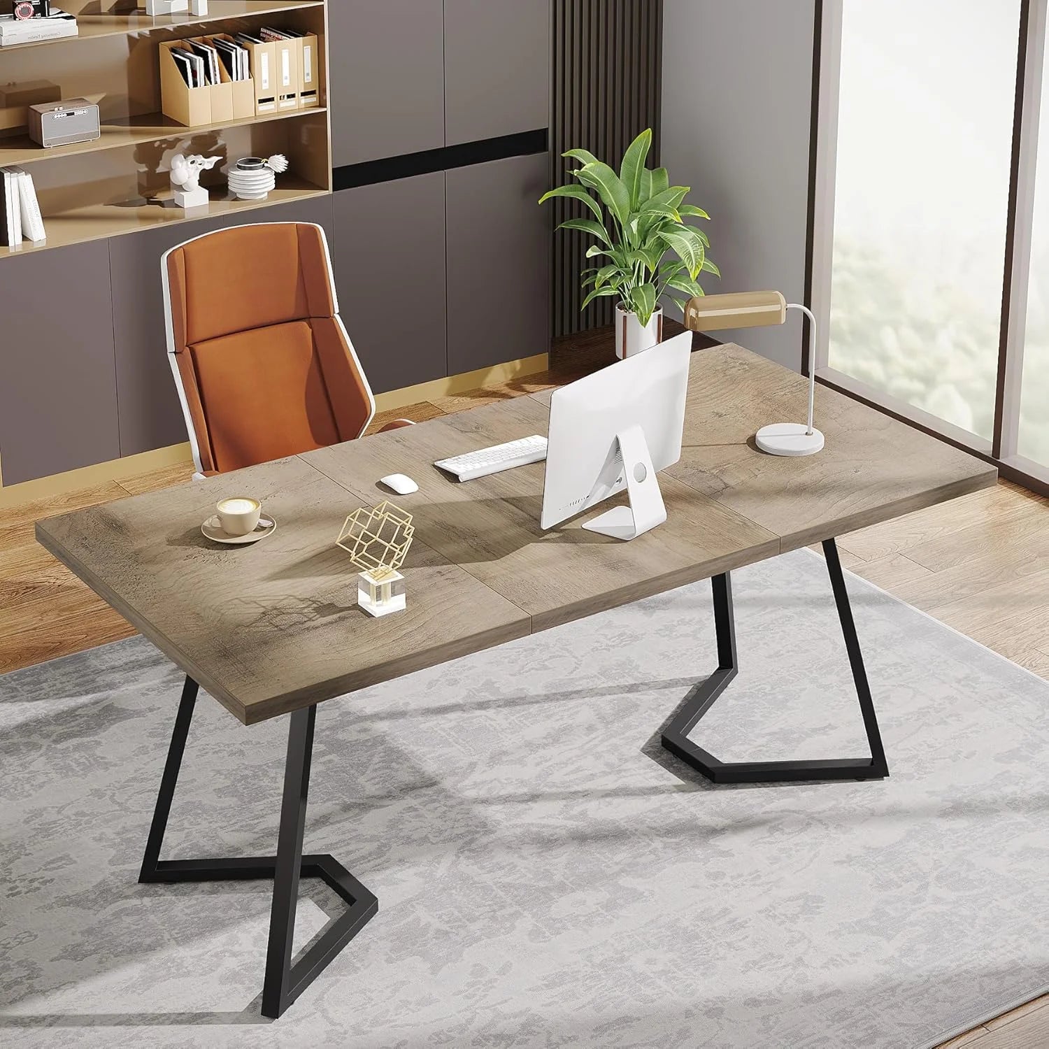 Finmind Modern Home Office Desk, Adult Study Writing Table with Metal Legs, White & Gold, 55.11" L x 31.49" D x 29.52" H