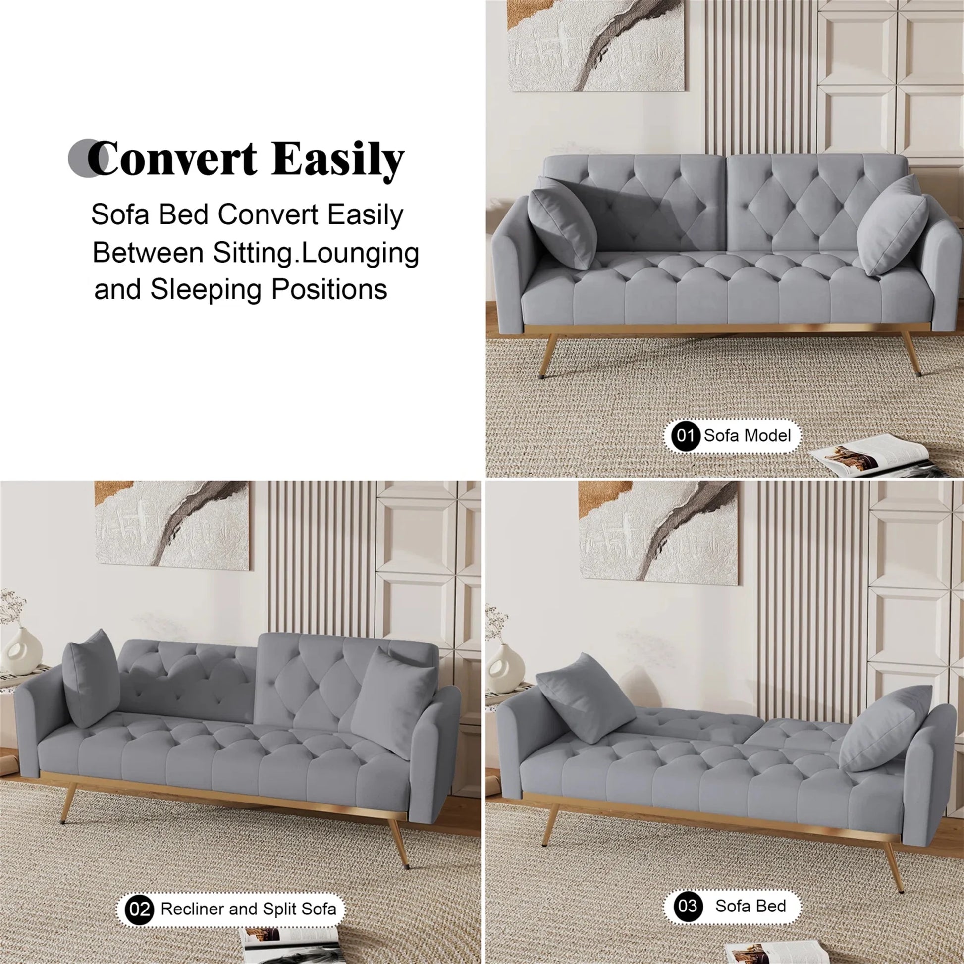 Aukfa Velvet Futon Convertible Sofa Bed for Home Office, 2 Pillows, Upgraded Metal Base, Gray