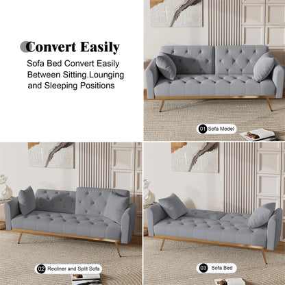 Aukfa Velvet Futon Convertible Sofa Bed for Home Office, 2 Pillows, Upgraded Metal Base, Gray