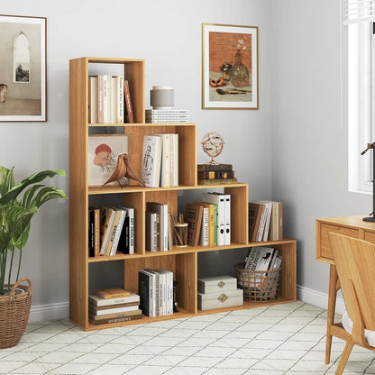 JTYUB 4-Tier Stepped Bookshelf, Freestanding 6 Cubes Ladder Bookcase with Anti-Tipping Kits, 64" Tall Modern Wooden Storage Display Rack for Home Office Living Room Study ,1 PCS,Natural