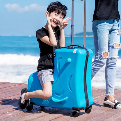 Unisex Ride-On Luggage, 20 Inch Portable Kids Travel Suitcase with Password Lock and Durable Wheels for Summer Camps and Sleepovers (Blue)