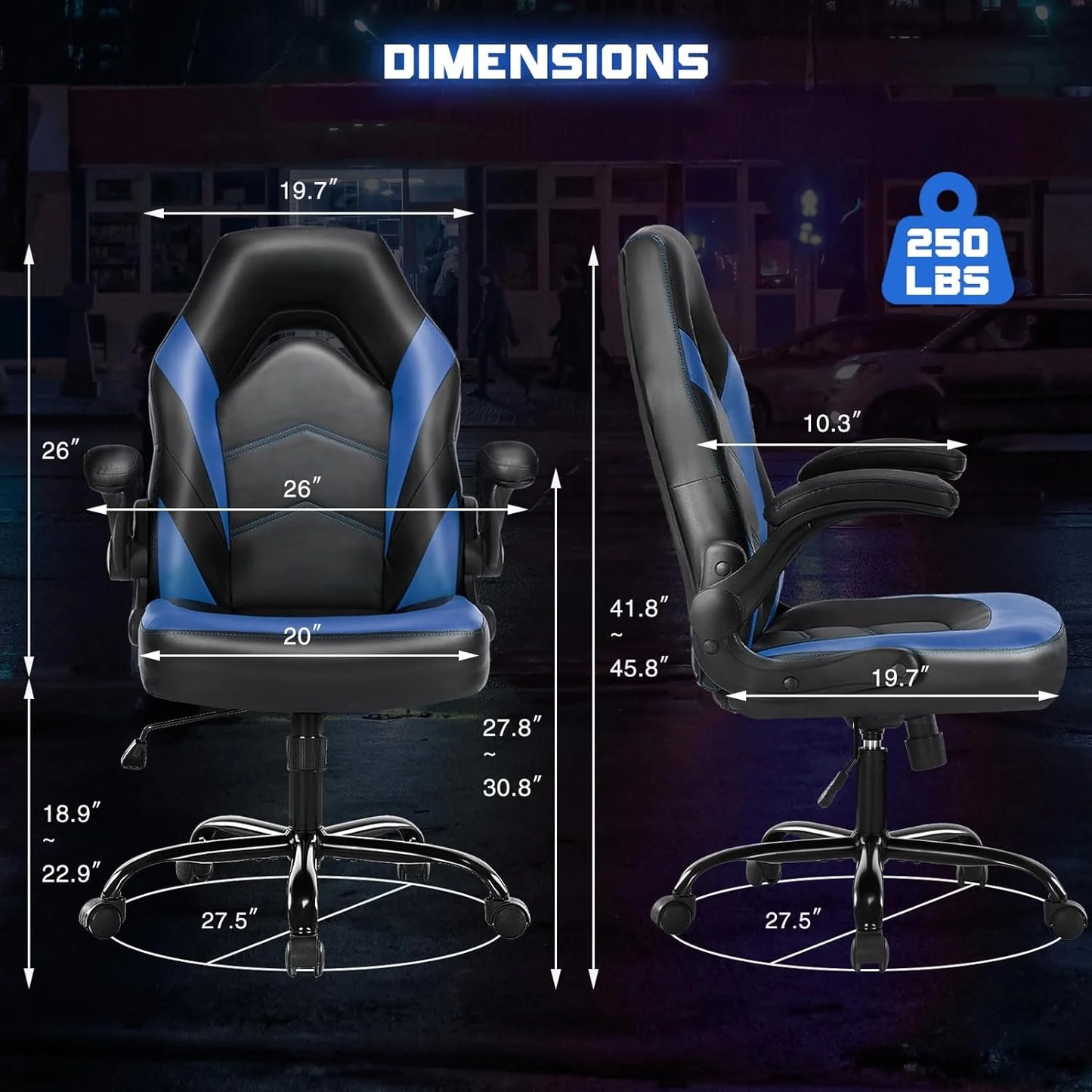 Ergonomic Computer Gaming Chair - Home Office Desk with PU Leather Lumbar Support, Height Adjustable Big and Tall Video Game with Flip-up Armrest, Swivel Wheels for Adults and Teens